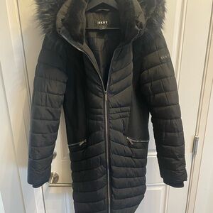 DKNY Women's Elegant Black Hooded Puffer Jacket